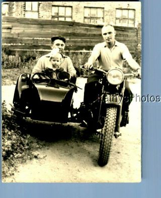 Found B&w Photo N_5917 Man Sitting On Motorcycle,  Other In Side Car,  Child