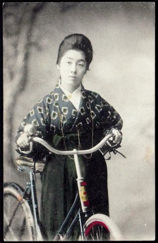 Japan C.  1905 - 07 - Geisha,  Or Bijin Closeup Studio Pose - Holding Bicycle - H/c