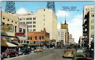Phoenix,  Arizona Az Central Avenue Street Scene Ca 1940s Linen Postcard