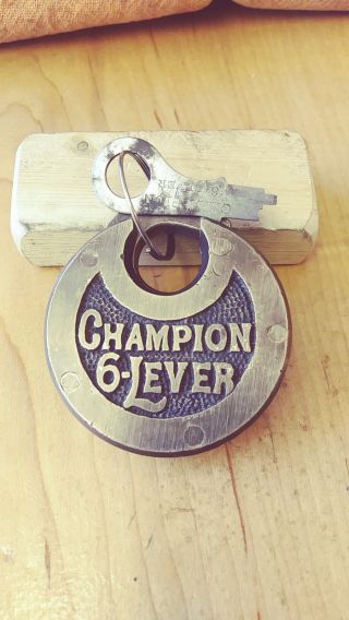 Antique/vintage Miller Champion 6 Lever Push Key Pancake Padlock W/key Wrks Good