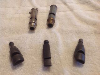 Four Antique Metal Whistles And One Wooden Whistle 2 German One Police