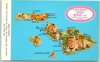 1960s Aloha Airlines Advertising Postcard " Islands Of Molokai Maui & Lanai " Map