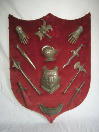 Old Unique Medieval Knights Armor & Weapons Coat Of Arms Mounted On Shield (lk)