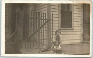 Vintage Rppc Real Photo Postcard Little Girl & Dog In Front Of House - C1910s