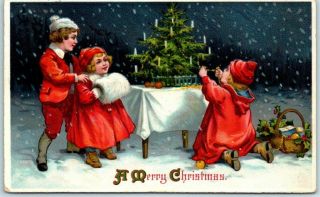 Vintage Christmas Postcard Children Lighting Xmas Tree Candles In The Snow 1910s