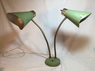 Double Cone Gooseneck Desk / Wall Lamp Mid Century Modern Mcm Green Metal Shades