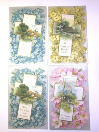 Vintage Easter Postcards 4 Series & Publisher,  Crosses & Flowers,  Silky