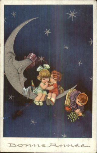 French Year Kids Romance Man In The Moon Bonne Annee Postcard