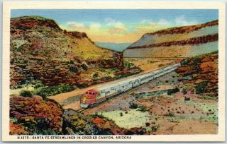 Fred Harvey Linen Postcard " Santa Fe Streamliner In Crozier Canyon Arizona " 1941