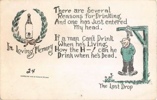 Old Comic Motto Pc Of Booze Or Liquor Bottle & Man Hung From Rope - The Last Drop