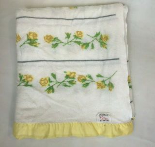 Vintage Chatham Purrey Blanket Satin Binding Roses 84” X 72” Yellow Cottage