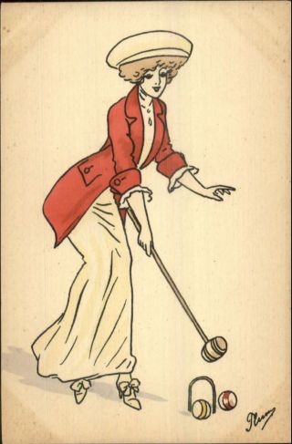 Woman Playing Croquet - Art Deco C1910 Postcard G19