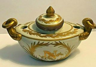 Antique French Porcelain Sevres Style Napoleon N Inkwell with Insert 3