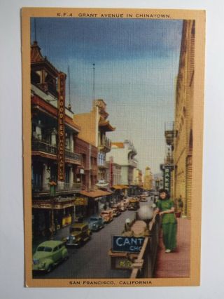 Chinatown San Francisco California Street Scene Vtg 1940s Linen Postcard