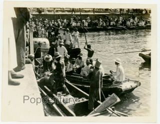 Pre Ww2 1932 Photograph China Chefoo Wharf Busy Water Taxis Photo Yantai