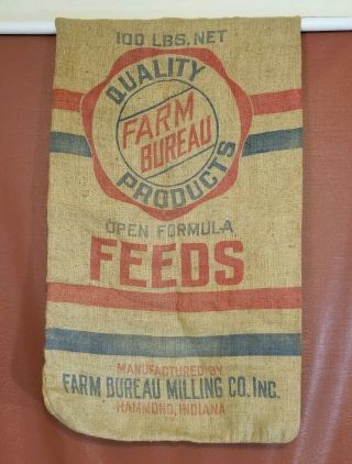 Vintage Farm Bureau Feed Sack Hammond Indiana 100 Lb Bag Gunni Sack Cloth Burlap