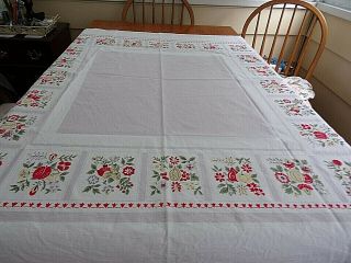 Vintage Cotton Tablecloth 52 X 46 " Fruit & Flowers Lavender Center