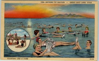 Great Salt Lake,  Utah Postcard " Bathing At Saltair Floating Like A Cork " Linen