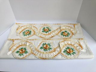Pair Vtg Hand Embroidered Variegated Crochet/lace Trim Flower Pillowcases
