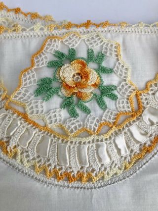 Pair Vtg Hand Embroidered Variegated Crochet/Lace Trim Flower Pillowcases 2