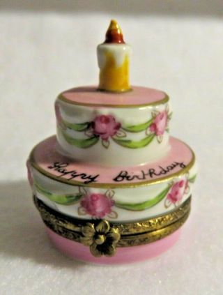 Authentic Limoges Trinket Box Peint Main France - Pink Birthday Cake With Candle