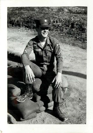 Snapshot B/w Photo 1960 Korea U S Army Soldier Sitting On Sandbag Bunker