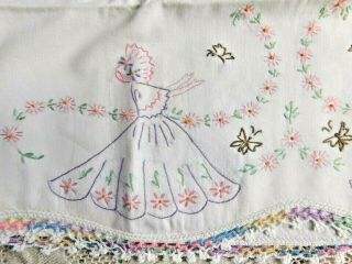 Vintage Hand Embroidered Bonnet Girl Pillow Cases