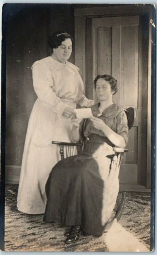 Dunlap,  Oklahoma Rppc Real Photo Postcard Two Ladies Sisters Parlor Dated 1917