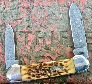 Case Xx Usa 62131 Canoe Pocket Knife Raindrop Damascus Amber Bone