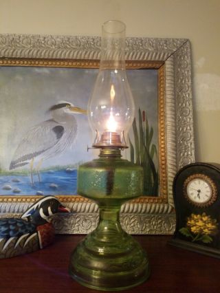 Vintage 1940s - 1960s P&a Eagle Green Crystal Kerosene Oil Table Lamp