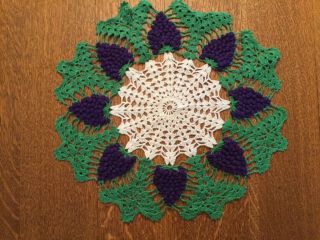 Vintage 1950’s Hand Crocheted Large 18” Round Doily 3d Grapes,  Lovely