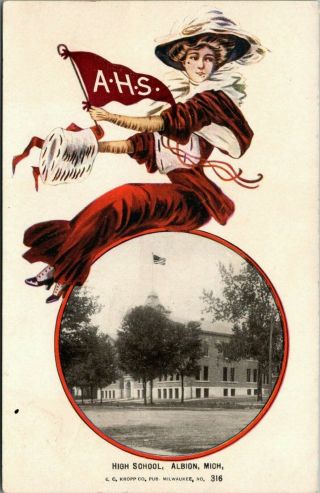 Albion Michigan High School Victorian Lady Cheerleader Holds Ahs Pennant 1908 Pc