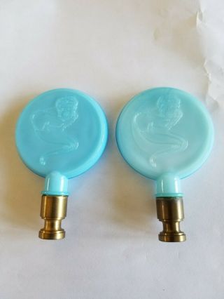 Pair (2) Aladdin Glass Lamp Finials Blue With Genie