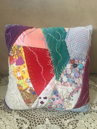 Vintage Hand Made Crazy Quilt Pillow Patchwork & Buttons Fancy Stitching 10 X 10