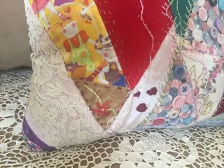 Vintage Hand Made Crazy Quilt PILLOW Patchwork & Buttons Fancy Stitching 10 x 10 2