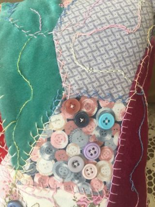 Vintage Hand Made Crazy Quilt PILLOW Patchwork & Buttons Fancy Stitching 10 x 10 3