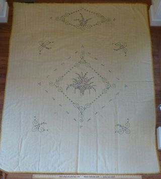 Vintage Hand Embroidered Summer Coverlet Bedspread Flower Basket 72x88