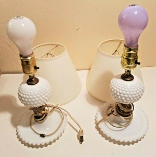 Pair (2) Vtg White Milk Glass Hobnail Electric Table Lamps W/ Shades 13 1/2 "