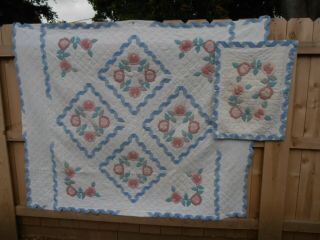 Hand Stitched Applique Quilt Rose Of Sharon Pink Blue Ribbon Twin 68 By 82