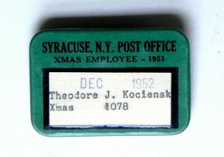 Syracuse Ny Post Office Christmas Employee Id Badge 1951 Local Postal History