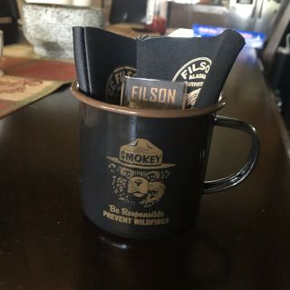 Filson Smokey Bear Usfs Enamel Mug W/ Enamel Pins And 2 Coozies