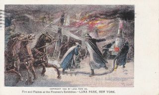 Pmc Rare Coney Island Ny Postcard Fire & Flames At Fireman Exhibition Luna Park