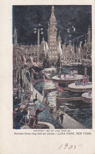 Old Vintage Coney Island Ny Postcard Monster Mid Air Circus Luna Park Pmc 1904