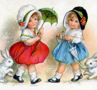 Easter Postcard Girls In Bonnets W Bunny Rabbits & Parasol Uns.  Clapsaddle Wolf