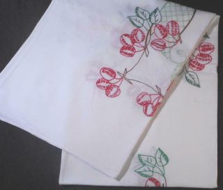 Vintage White Cotton Tablecloth W/hand Embroidered Cherries