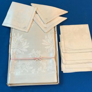 Vintage Pale Ivory 100 Pure Linen Damask Tablecloth & 6 Matching Napkins,  Nip