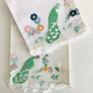 2 Vintage Embroidered White Linen Hand Tea Dish Towels Peacock Birds & Flowers