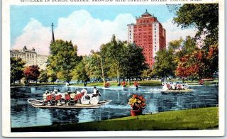 Boston Ma Advertising Postcard " Lake In Public Garden " Ritz Carlton Hotel C1930s