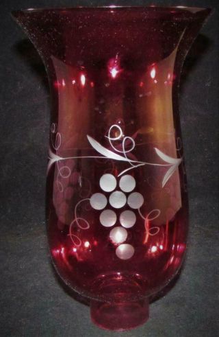 Vintage Cranberry Flashed Glass Hurricane Lamp Shade 1 5/8 " X 8 " Wheel Cut Grapes