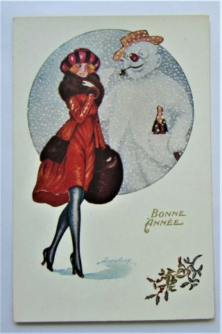 A/s Sager Art Deco Glamorous Lady Flirts With Year Snowman French Postcard